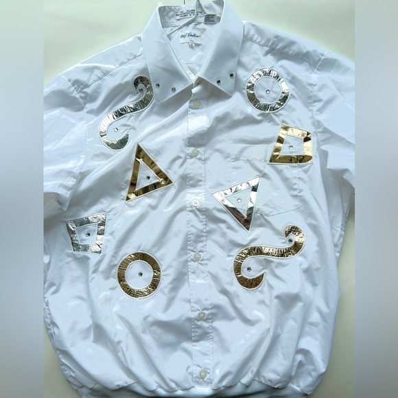 HUGO Valentino vintage geometric figures silver gold shirt blouse white print - Picture 11 of 11